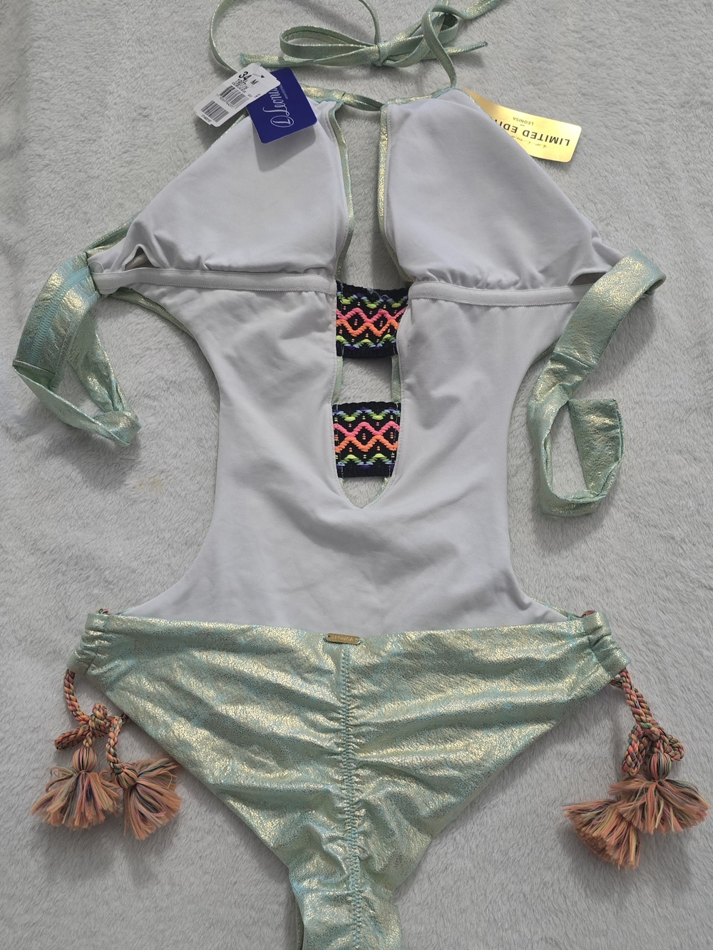 Leonisa Limited Edition Metallic Mint One-Piece Swimsuit with Tassel Accents - Picture 2 of 3